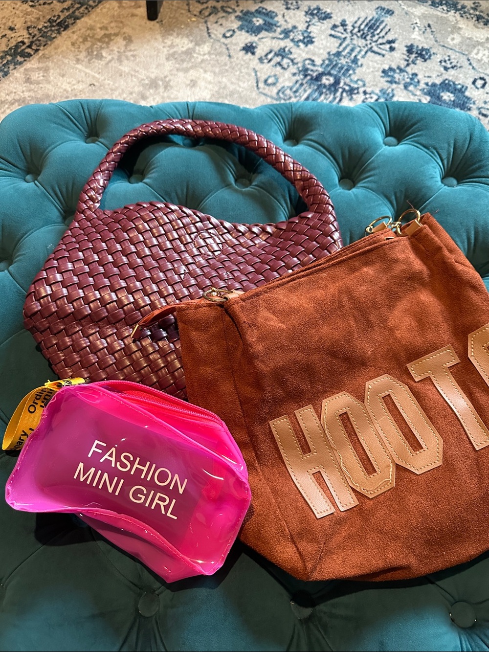 Woven Shoulder Bag in Deep Plum & Suede Tote in Rust with Pink Pouch
